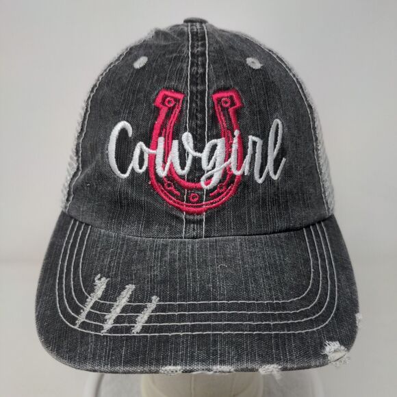 Cowgirl Horseshoe Strapback Mesh Back Trucker Hat Gray OSFM Embroidered - Picture 2 of 7